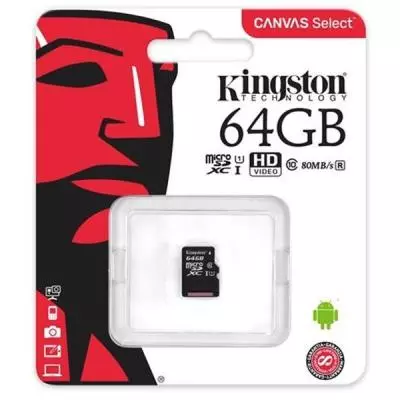 Карта памяти Kingston 64GB microSDXC class 10 UHS-I Canvas Select (SDCS/64GBSP) - 1