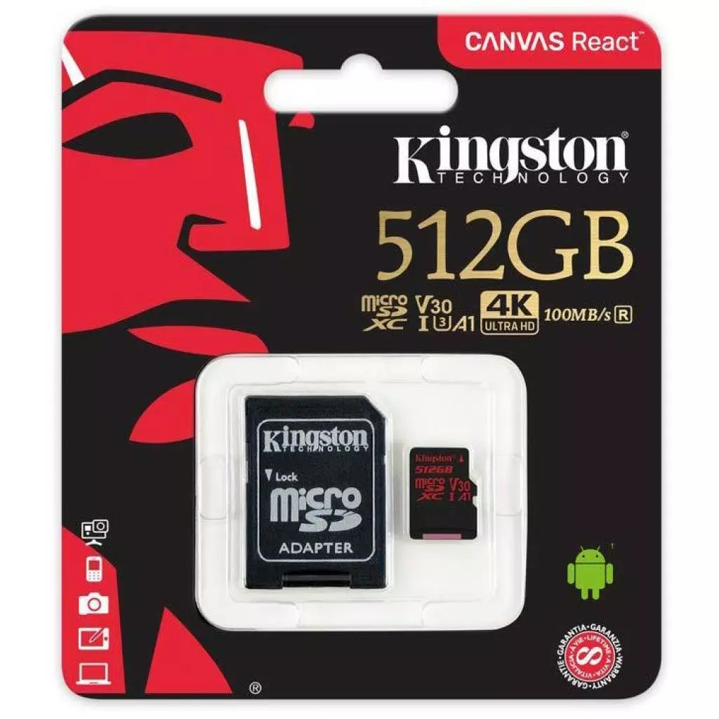 Карта памяти Kingston 512GB microSDXC class 10 UHS-I U3 Canvas React (SDCR/512GB) - 4 Карта памяти Kingston 512GB microSDXC class 10 UHS-I U3 Canvas React (SDCR/512GB) - 4