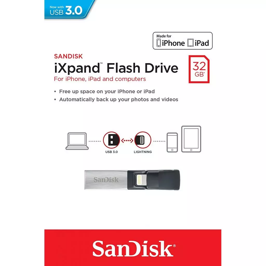 USB флеш накопитель SanDisk 32GB iXpand USB 3.0/Lightning (SDIX30C-032G-GN6NN) - 4