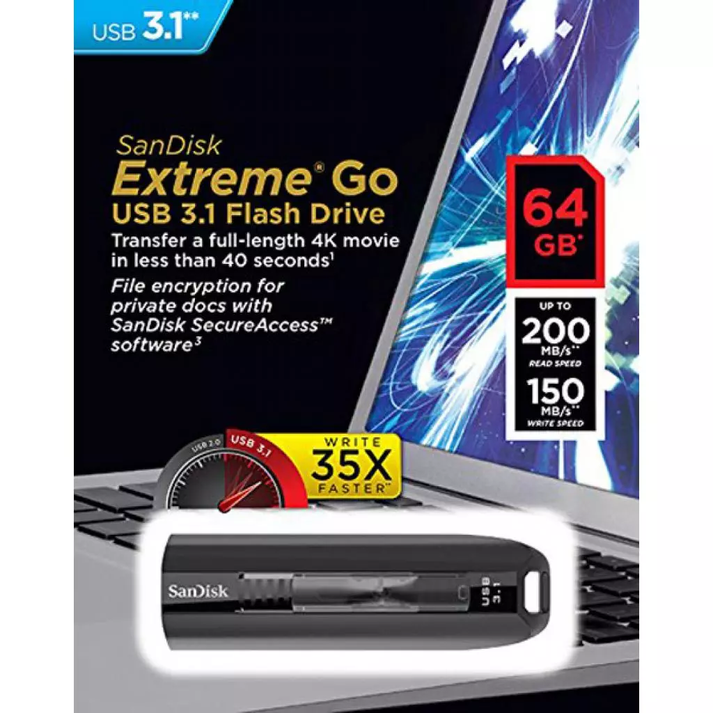 USB флеш накопитель SanDisk 64GB Extreme Go USB 3.1 (SDCZ800-064G-G46) - 4 USB флеш накопитель SanDisk 64GB Extreme Go USB 3.1 (SDCZ800-064G-G46) - 4