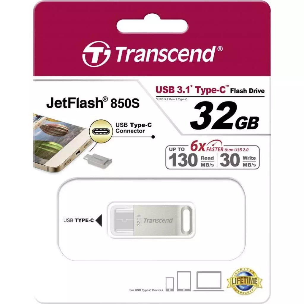 USB флеш накопитель Transcend 32GB JetFlash 850 Silver USB 3.1 (TS32GJF850S) - 5 USB флеш накопитель Transcend 32GB JetFlash 850 Silver USB 3.1 (TS32GJF850S) - 5