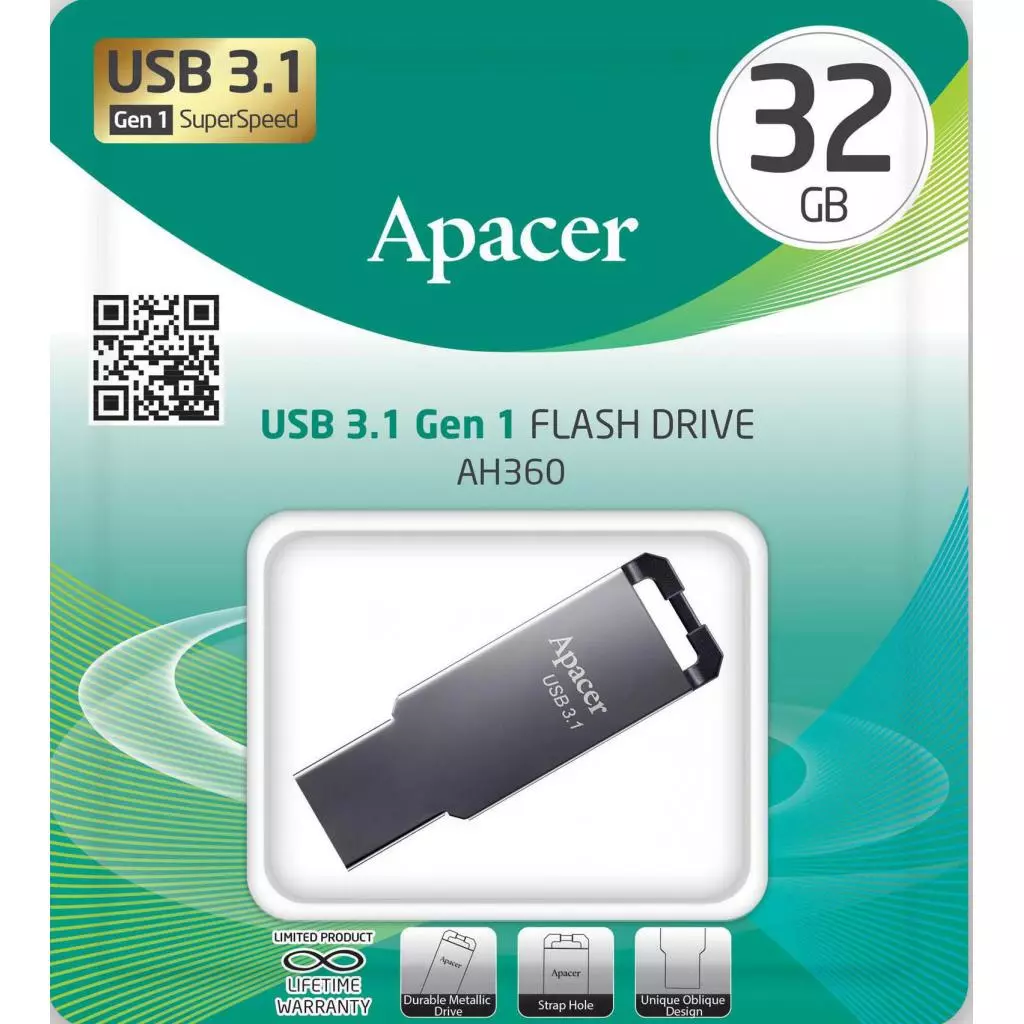 USB флеш накопитель Apacer 32GB AH360 Ashy USB 3.1 Gen1 (AP32GAH360A-1) - 3