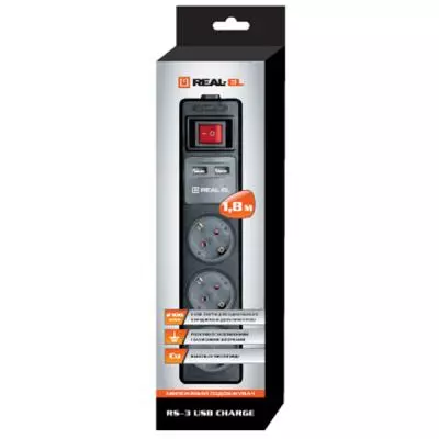 Сетевой удлинитель REAL-EL RS-3 USB CHARGE 1.8m, black (EL122500001) - 2 Сетевой удлинитель REAL-EL RS-3 USB CHARGE 1.8m, black (EL122500001) - 2