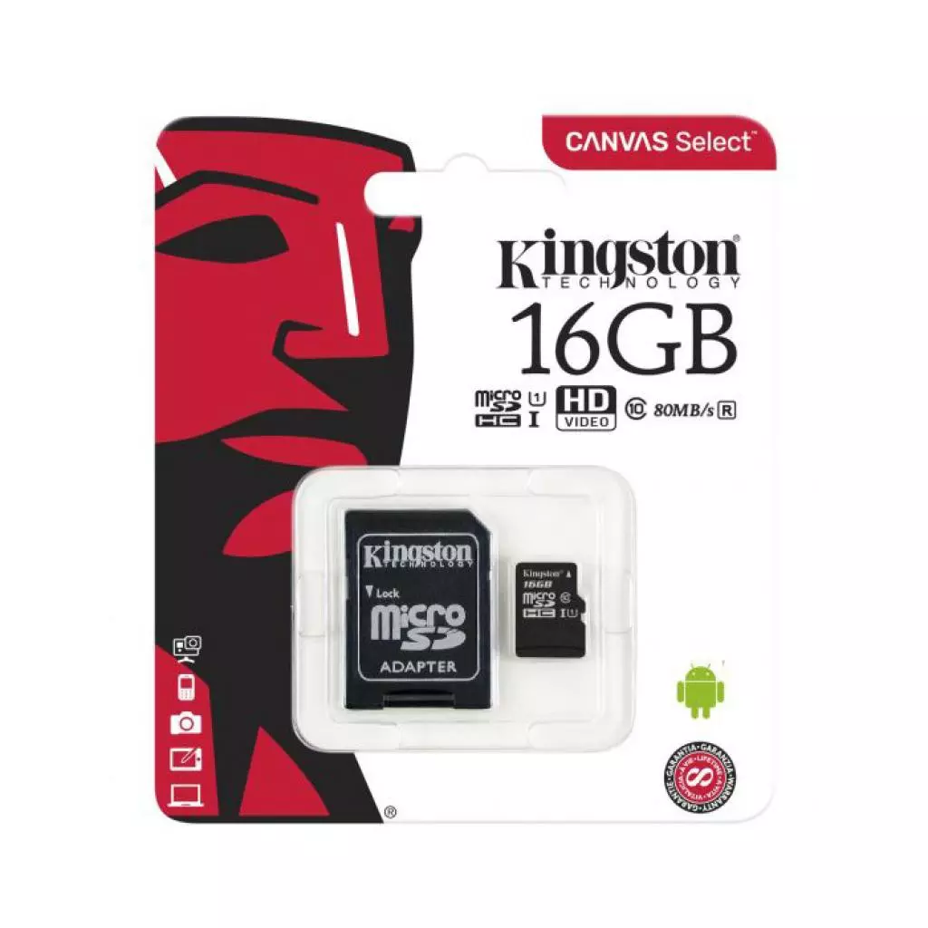 Карта памяти Kingston 16GB microSDHC Class 10 Canvas Select Plus 100R A1 (SDCS2/16GB) - 2 Карта памяти Kingston 16GB microSDHC Class 10 Canvas Select Plus 100R A1 (SDCS2/16GB) - 2