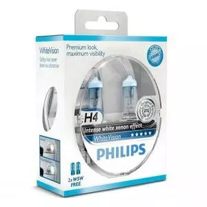 Автолампа PHILIPS H4 WhiteVision +60%, 3700K, 2шт (12342WHVSM)