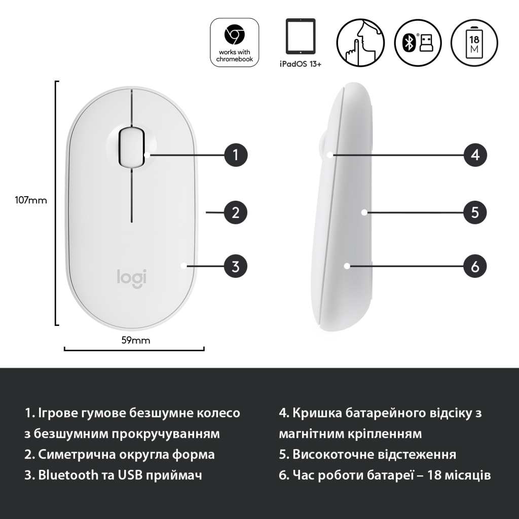 Мышка Logitech M350 Wireless White (910-005716) - 5 Мышка Logitech M350 Wireless White (910-005716) - 5