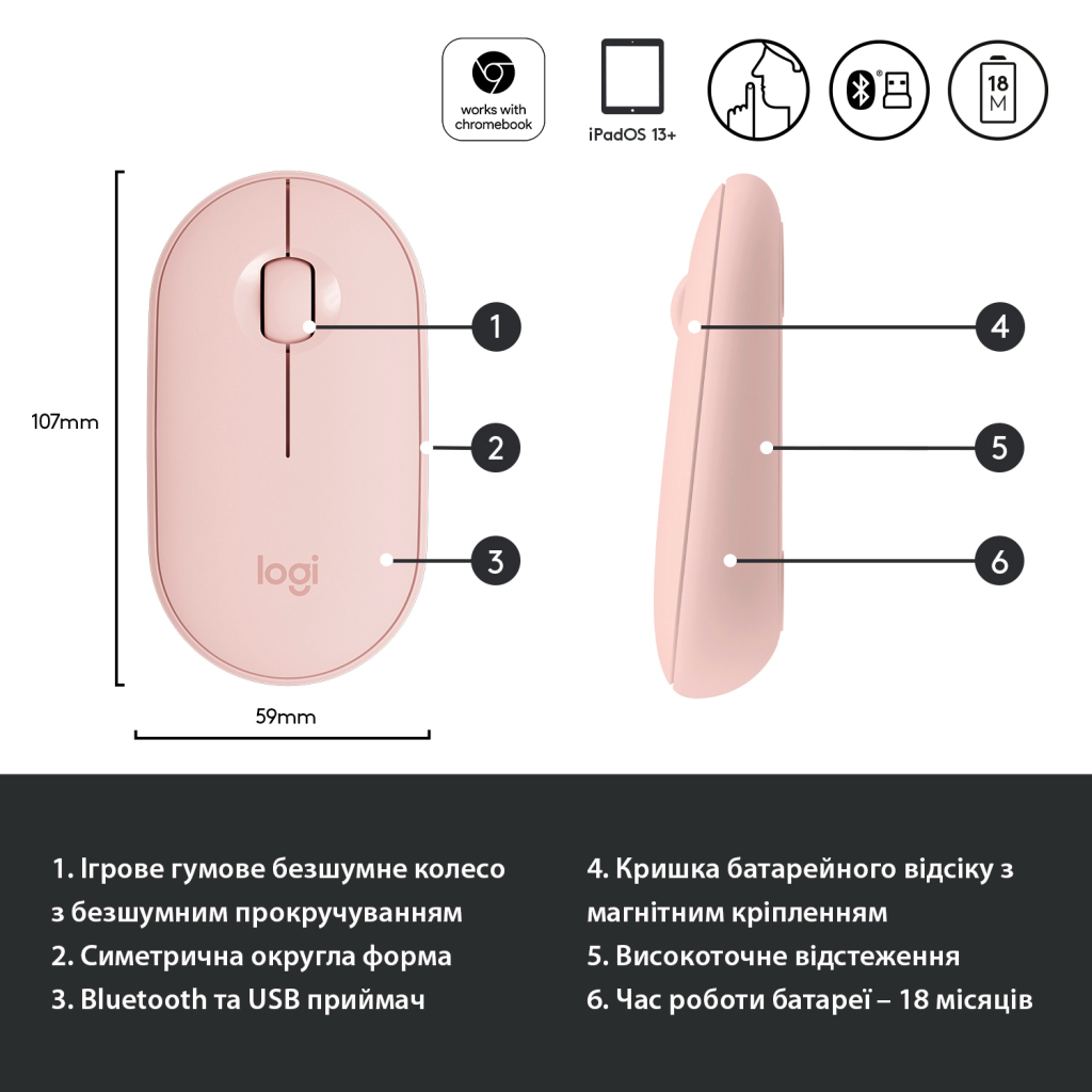Мышка Logitech M350 Wireless Rose (910-005717) - 5 Мышка Logitech M350 Wireless Rose (910-005717) - 5