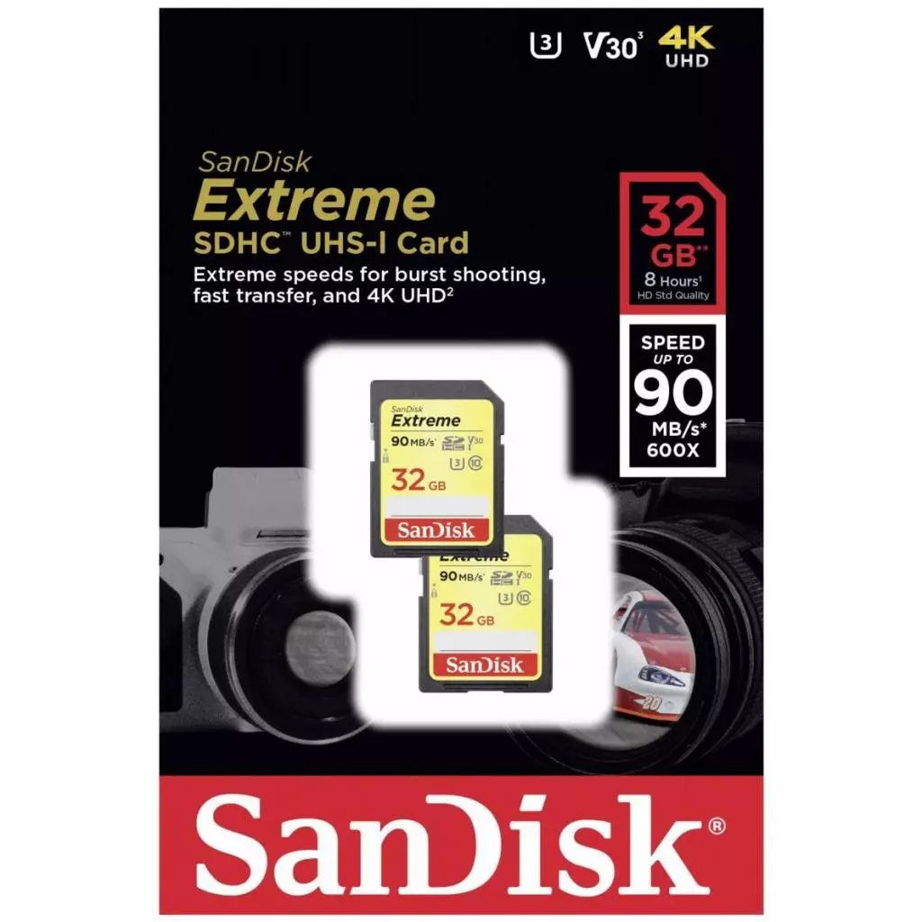 Карта памяти SanDisk 32GB SDHC class 10 V30 UHS-I U3 Extreme 2-pack (SDSDXVE-032G-GNCI2) - 2 Карта памяти SanDisk 32GB SDHC class 10 V30 UHS-I U3 Extreme 2-pack (SDSDXVE-032G-GNCI2) - 2