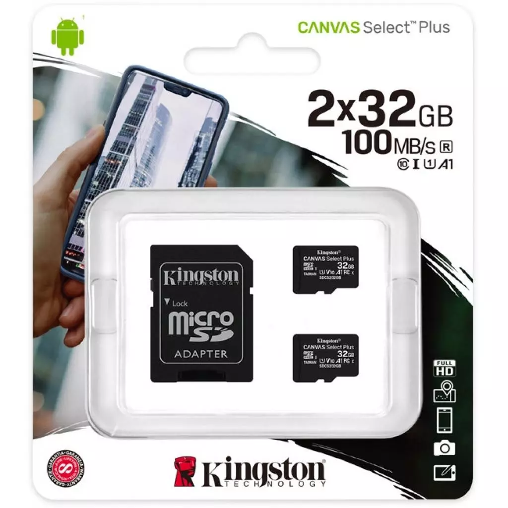 Карта памяти Kingston 2x32GB microSD class 10 U1 V10 A1 Canvas Select Plus (SDCS2/32GB-2P1A) - 2 Карта памяти Kingston 2x32GB microSD class 10 U1 V10 A1 Canvas Select Plus (SDCS2/32GB-2P1A) - 2
