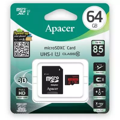 Карта памяти Apacer 64GB microSDXC class 10 UHS-I U1 (AP64GMCSX10U5-R) - 2 Карта памяти Apacer 64GB microSDXC class 10 UHS-I U1 (AP64GMCSX10U5-R) - 2