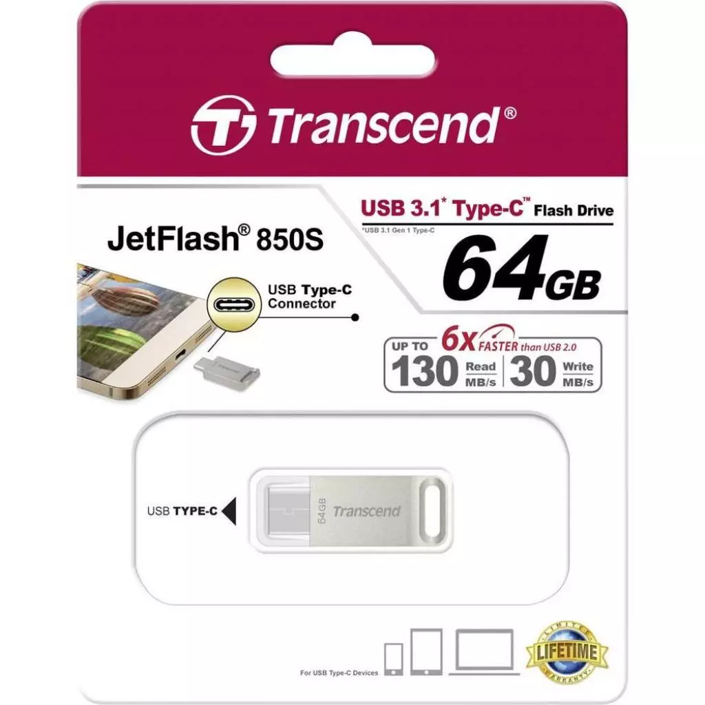 USB флеш накопитель Transcend 64GB JetFlash 850 Silver USB 3.1 (TS64GJF850S) - 5