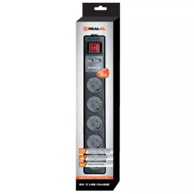 Сетевой удлинитель REAL-EL RS-5 USB CHARGE 1.8m, black (EL122500002) - 2 Сетевой удлинитель REAL-EL RS-5 USB CHARGE 1.8m, black (EL122500002) - 2