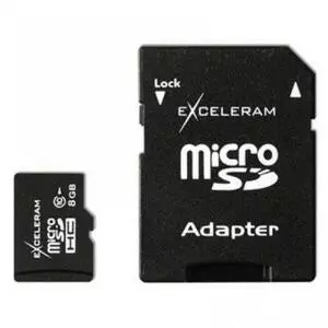 Карта памяти eXceleram 8Gb microSDHC class 10 c адаптером SD (MSD0810V)