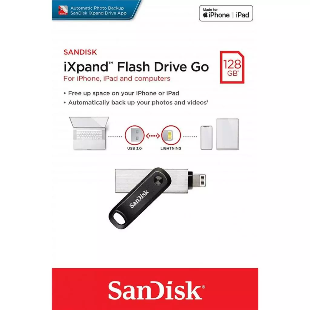 USB флеш накопитель SanDisk 128GB iXpand Go USB 3.0/Lightning (SDIX60N-128G-GN6NE) - 5 USB флеш накопитель SanDisk 128GB iXpand Go USB 3.0/Lightning (SDIX60N-128G-GN6NE) - 5