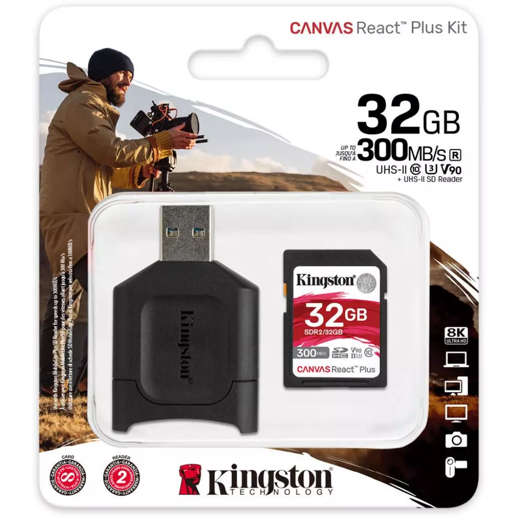 Карта памяти Kingston 32GB SDHC class 10 UHS-I U3 React Plus + USB-кардридер (MLPR2/32GB) - 2 Карта памяти Kingston 32GB SDHC class 10 UHS-I U3 React Plus + USB-кардридер (MLPR2/32GB) - 2