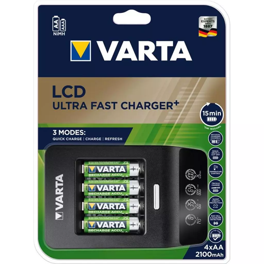 Зарядное устройство для аккумуляторов Varta LCD Ultra Fast Plus Charger +4*AA 2100 mAh (57685101441) - 2