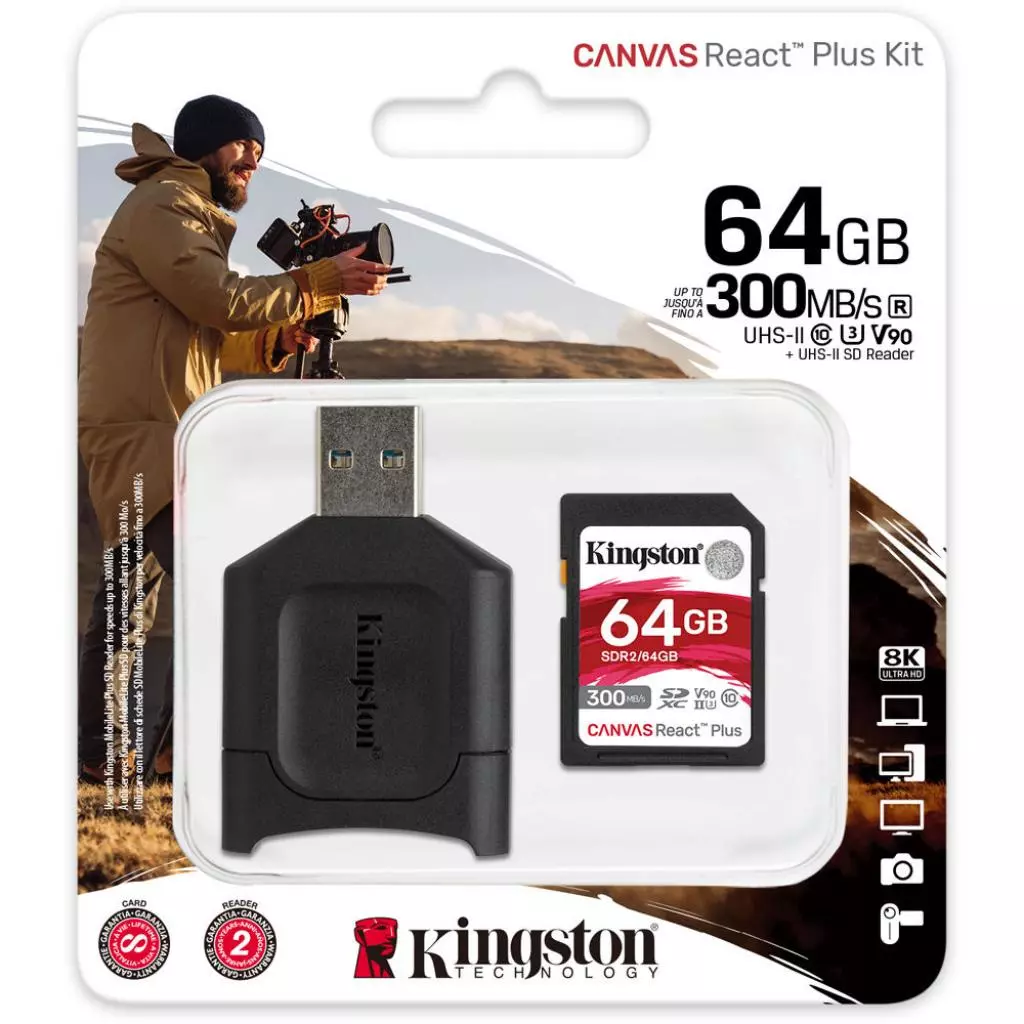 Карта памяти Kingston 64GB SDXC class 10 UHS-II U3 React Plus + USB-кардридер (MLPR2/64GB) - 2 Карта памяти Kingston 64GB SDXC class 10 UHS-II U3 React Plus + USB-кардридер (MLPR2/64GB) - 2