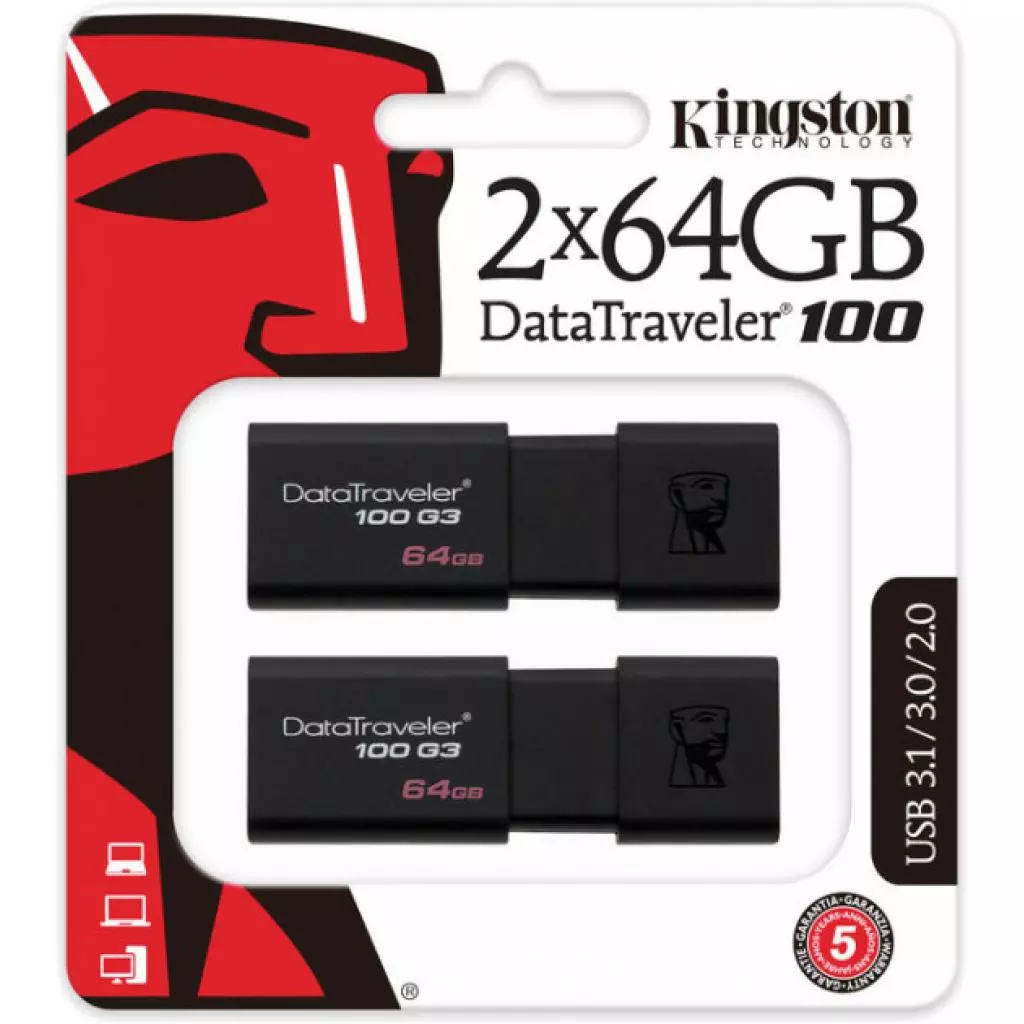 USB флеш накопитель Kingston 2x64GB DataTraveler 100 G3 USB 3.0 (DT100G3/64GB-2P) - 6