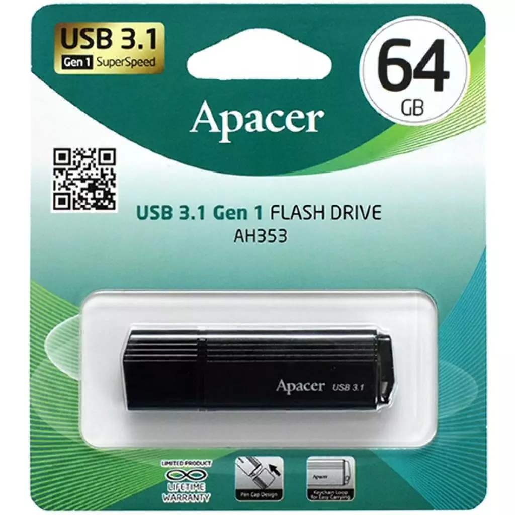USB флеш накопитель Apacer 64GB AH353 Black USB 3.1 (AP64GAH353B-1) - 2 USB флеш накопитель Apacer 64GB AH353 Black USB 3.1 (AP64GAH353B-1) - 2