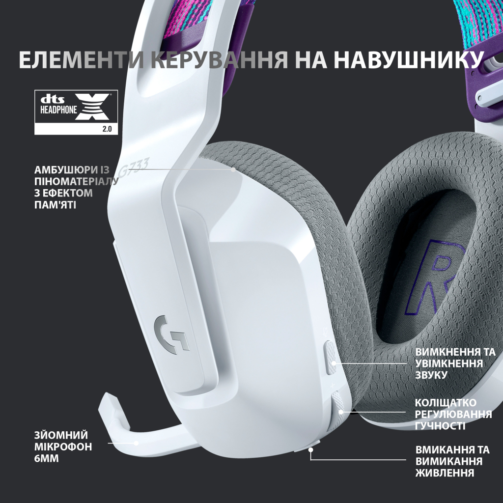 Наушники Logitech G733 Lightspeed Wireless RGB Gaming Headset White (981-000883) - 4 Наушники Logitech G733 Lightspeed Wireless RGB Gaming Headset White (981-000883) - 4