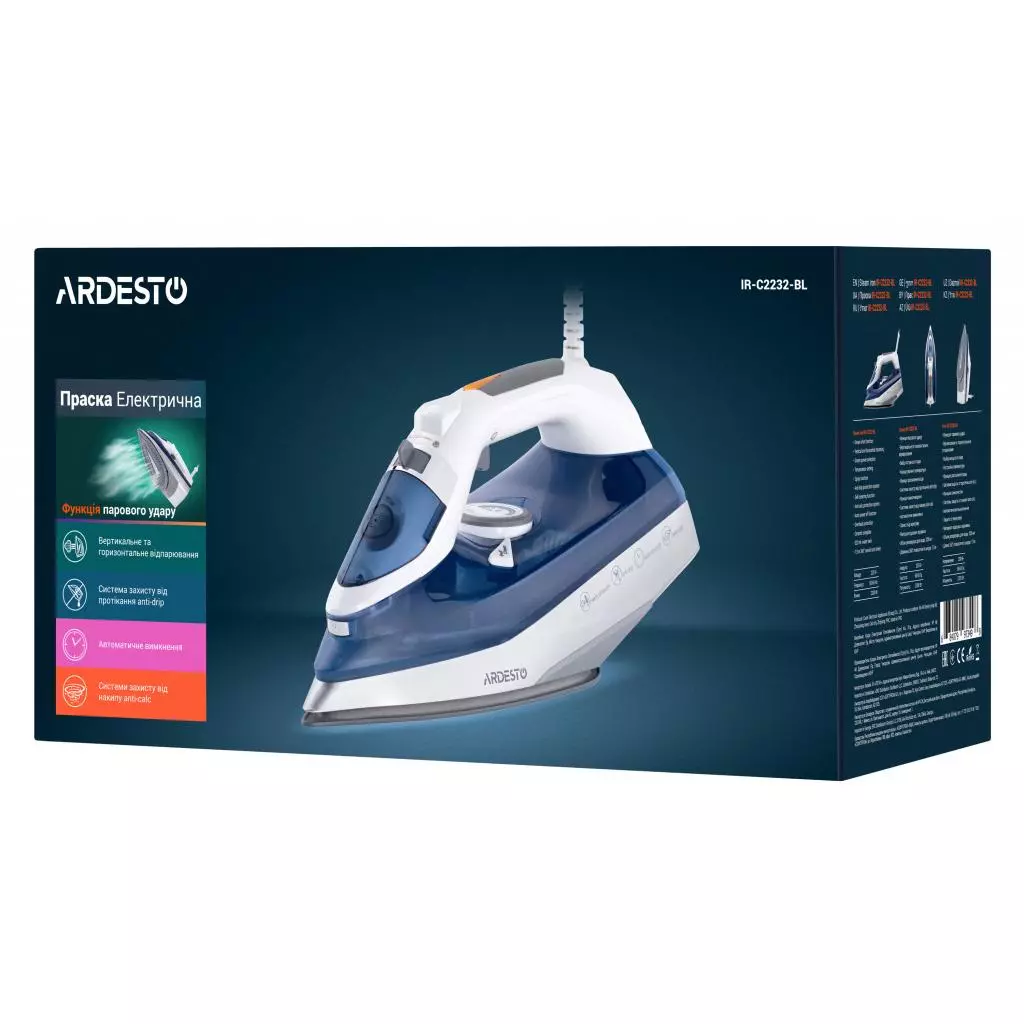 Утюг Ardesto IR-C2232-BL /2200Вт /320мл/пар/ самоочищення/антикапля /кера (IR-C2232-BL) - 7 Утюг Ardesto IR-C2232-BL /2200Вт /320мл/пар/ самоочищення/антикапля /кера (IR-C2232-BL) - 7
