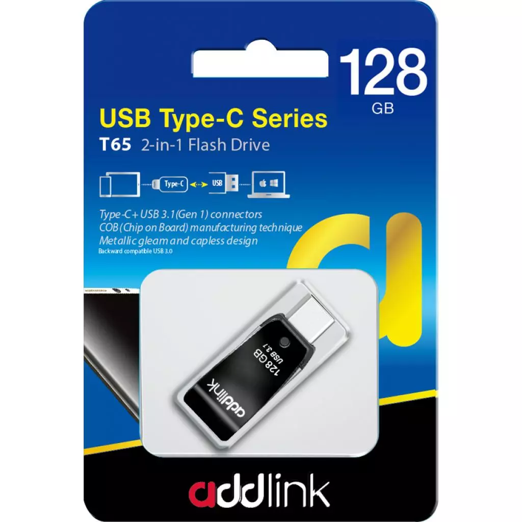 USB флеш накопитель AddLink 128GB T65 Black USB 3.1/Type-C (ad128GBT65G3) - 2