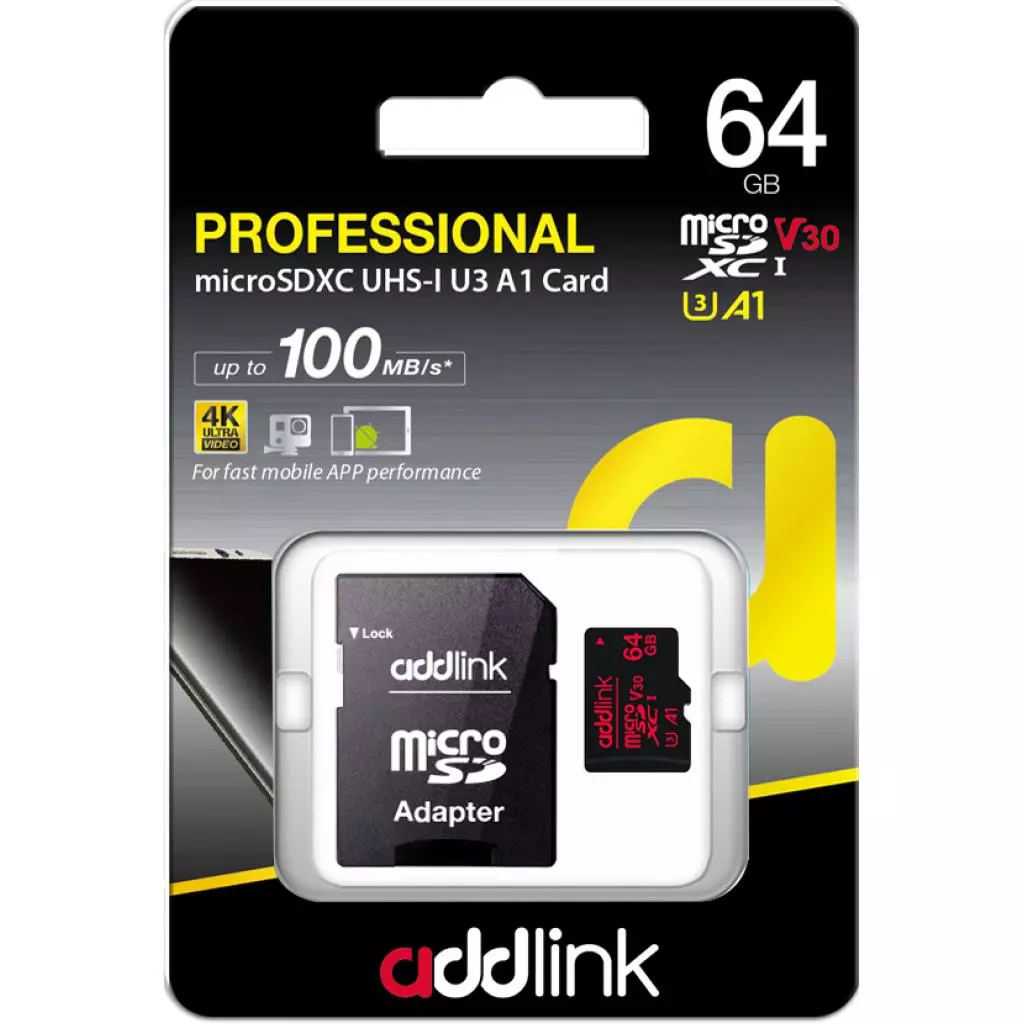 Карта памяти AddLink 64GB microSDXC class 10 UHS-I V30 U3 A1 (ad64GBMSXU3A) - 1 Карта памяти AddLink 64GB microSDXC class 10 UHS-I V30 U3 A1 (ad64GBMSXU3A) - 1