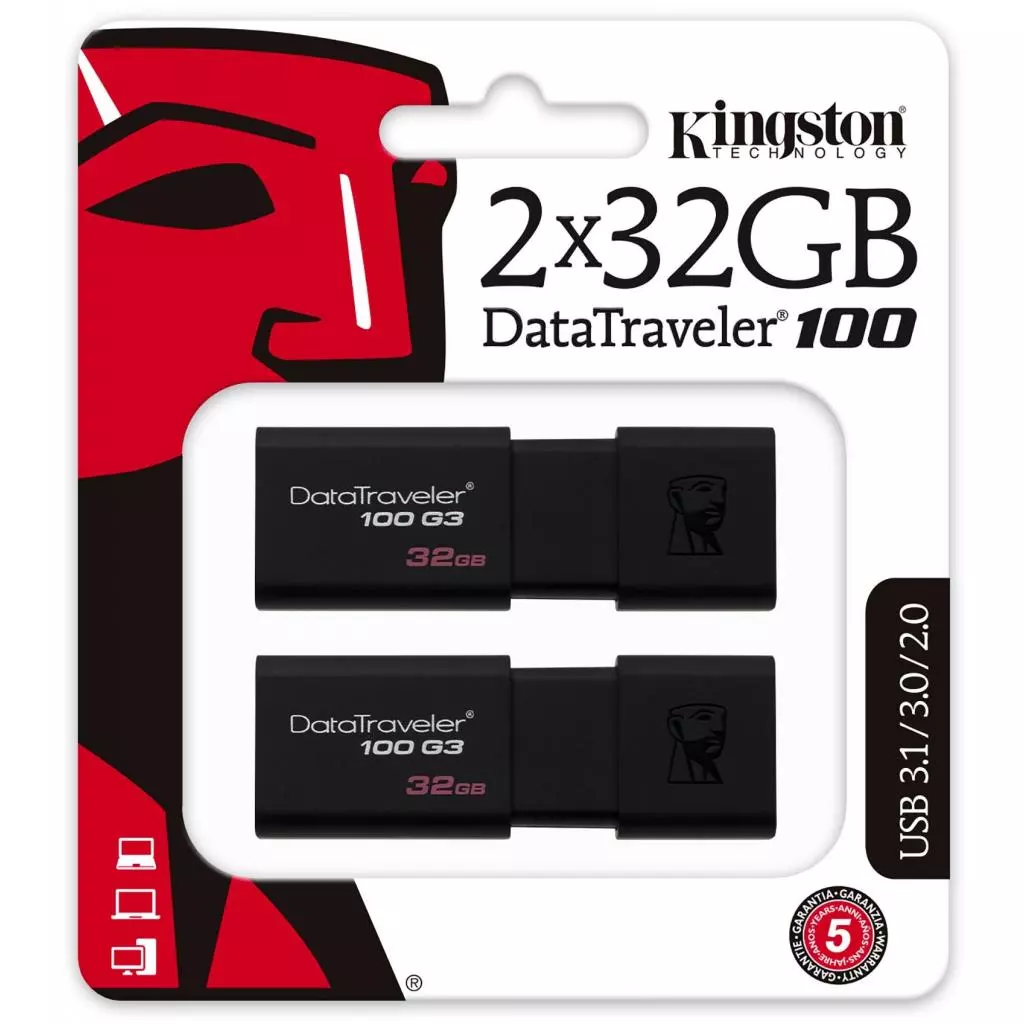 USB флеш накопитель Kingston 2x32GB DataTraveler 100 G3 USB 3.1 (DT100G3/32GB-2P) - 3 USB флеш накопитель Kingston 2x32GB DataTraveler 100 G3 USB 3.1 (DT100G3/32GB-2P) - 3