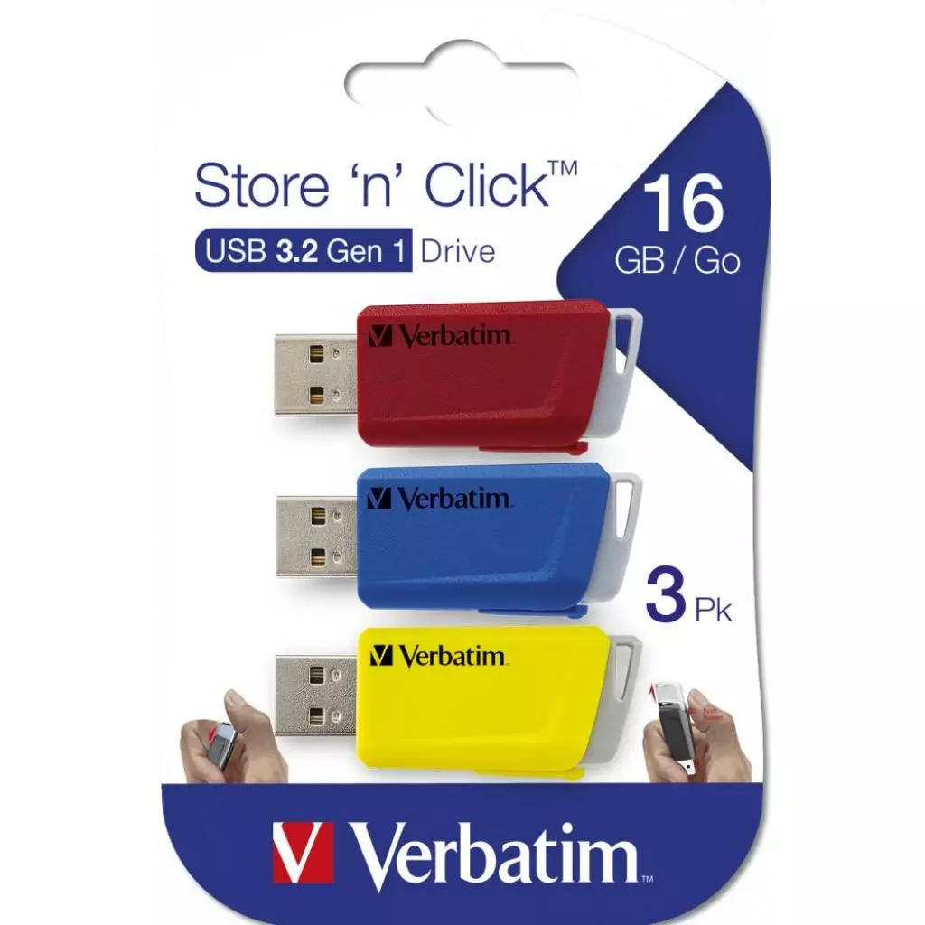 USB флеш накопитель Verbatim 3x16GB Store 'n' Click Red/Blue/Yellow USB 3.2 (49306) - 3 USB флеш накопитель Verbatim 3x16GB Store 'n' Click Red/Blue/Yellow USB 3.2 (49306) - 3