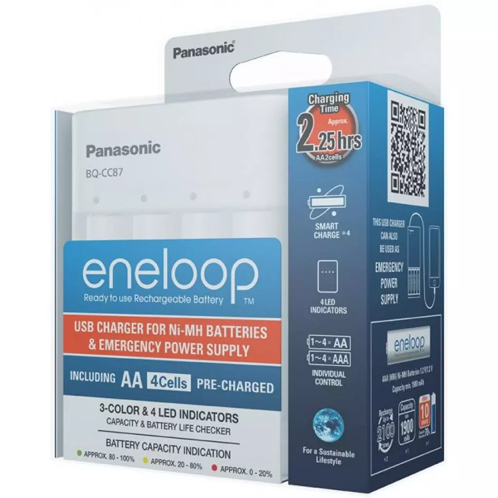 Зарядное устройство для аккумуляторов Panasonic BQ-CC87 USB in/out с функцией Power Bank +4AA 1900 mAh (K-KJ87MCC40USB) - 5 Зарядное устройство для аккумуляторов Panasonic BQ-CC87 USB in/out с функцией Power Bank +4AA 1900 mAh (K-KJ87MCC40USB) - 5