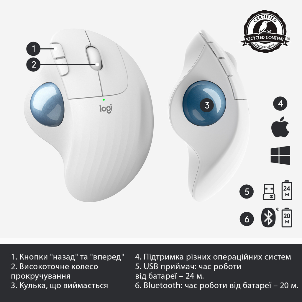 Мышка Logitech Ergo M575 Wireless Trackball Off-white (910-005870) - 5 Мышка Logitech Ergo M575 Wireless Trackball Off-white (910-005870) - 5