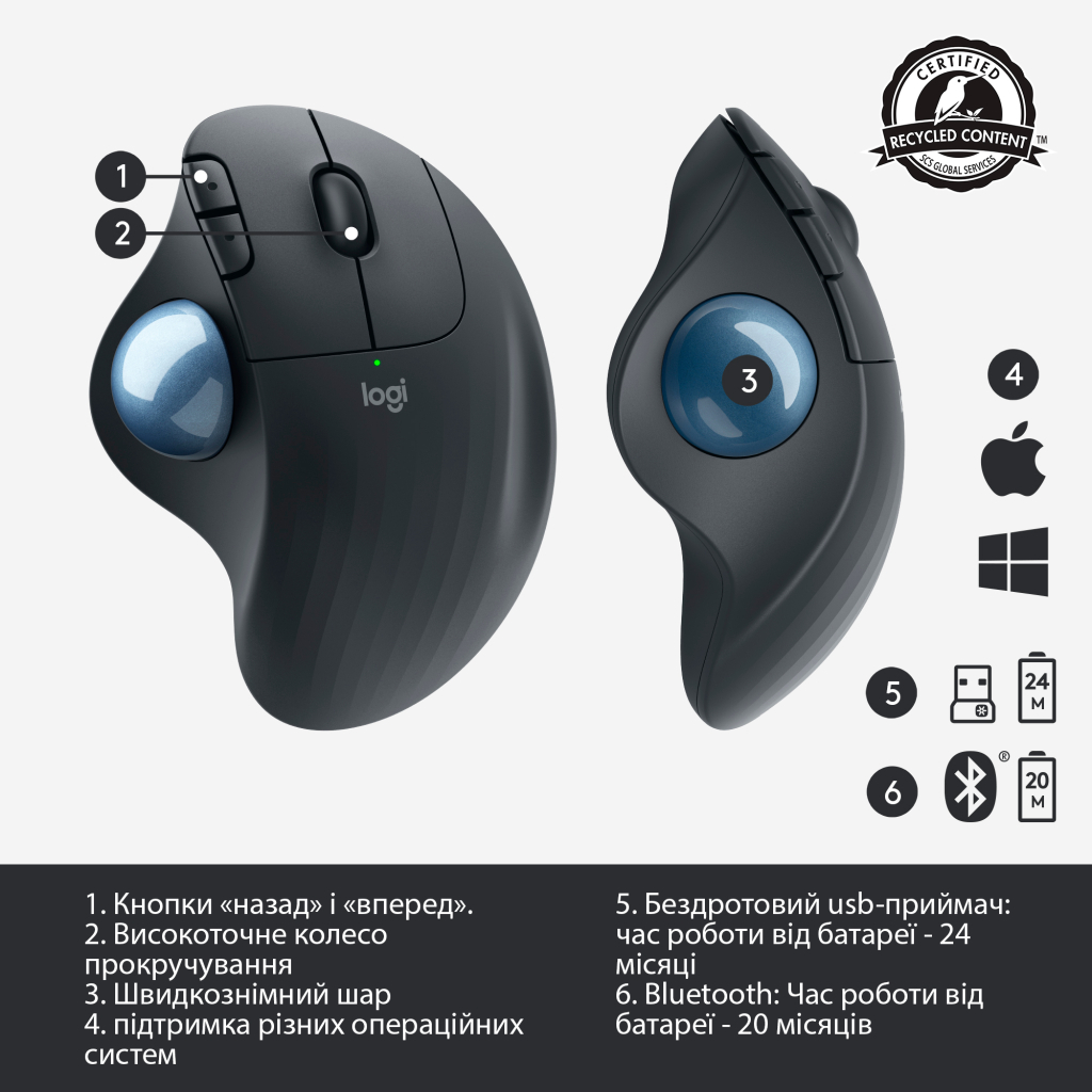 Мышка Logitech Ergo M575 Wireless Trackball Graphite (910-005872) - 5