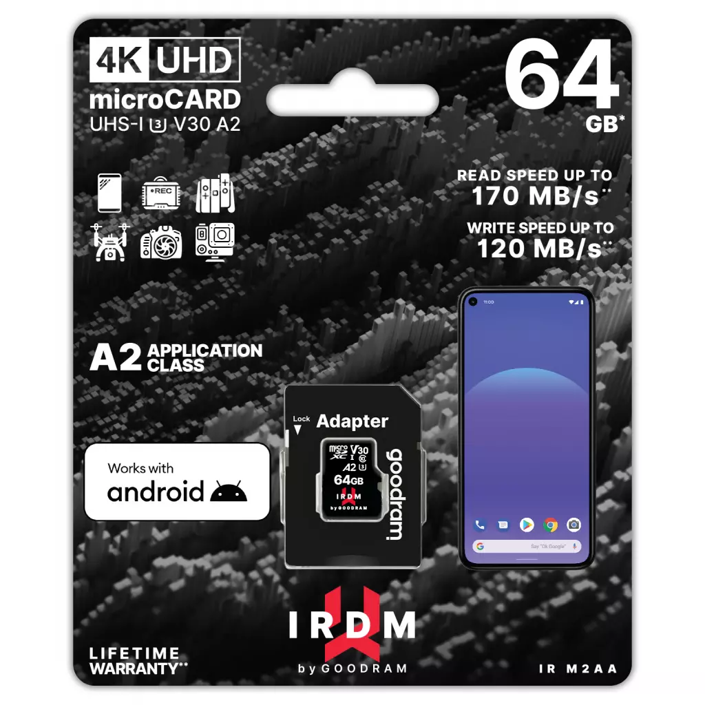 Карта памяти Goodram 64GB microSDXC class 10 UHS I U3 A2 (IR-M2AA-0640R12) - 1 Карта памяти Goodram 64GB microSDXC class 10 UHS I U3 A2 (IR-M2AA-0640R12) - 1