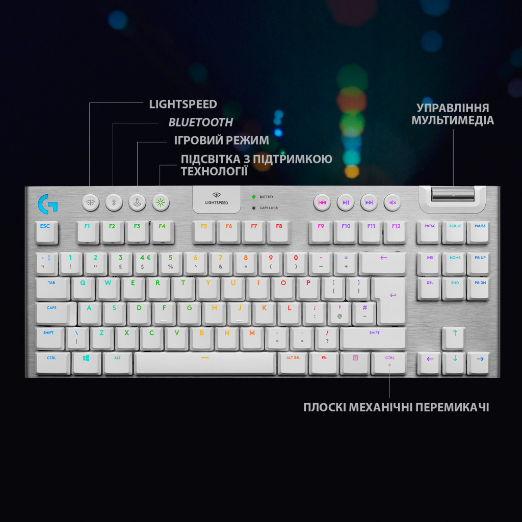 Клавиатура Logitech G915 TKL Lightspeed Wireless RGB Mechanical White (920-009664) - 6 Клавиатура Logitech G915 TKL Lightspeed Wireless RGB Mechanical White (920-009664) - 6