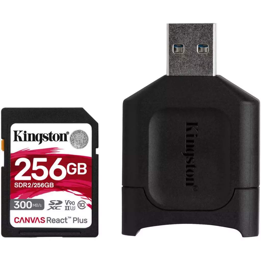 Карта памяти Kingston 256GB SDXC class 10 UHS-I U3 React Plus + USB-кардридер (MLPR2/256GB)