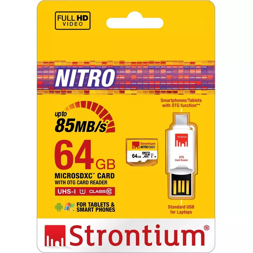 Карта памяти Strontium Flash 64GB microSD Class 10 USH-I 566X (SRN64GTFU1T) - 2