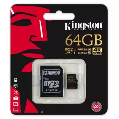 Карта памяти Kingston 64GB microSDXC class 10 UHS-I U3 4K (SDCG/64GB) - 2 Карта памяти Kingston 64GB microSDXC class 10 UHS-I U3 4K (SDCG/64GB) - 2