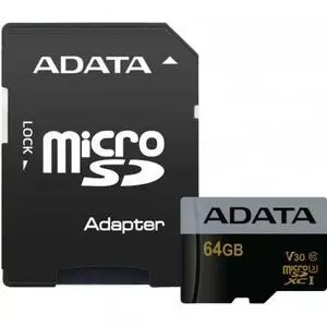 Карта памяти ADATA 64GB microSD class 10 UHS-I U3 V30 Premier Pro (AUSDX64GUI3V30S-RA1)