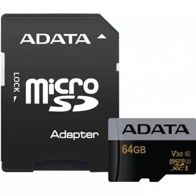 Карта памяти ADATA 64GB microSD class 10 UHS-I U3 V30 Premier Pro (AUSDX64GUI3V30G-RA1)