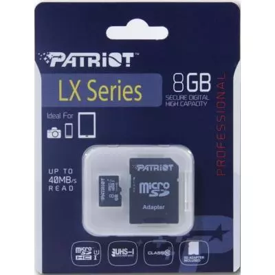 Карта памяти Patriot 8GB microSD class 10 UHS-I (PSF8GMCSDHC10) - 1 Карта памяти Patriot 8GB microSD class 10 UHS-I (PSF8GMCSDHC10) - 1