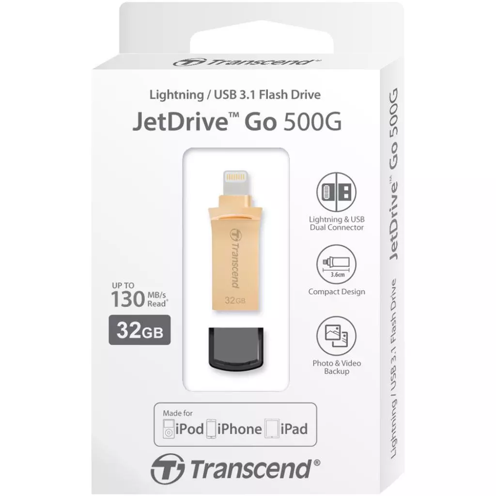 USB флеш накопитель Transcend 32GB JetDrive Go 500 Gold USB 3.1/Lightning (TS32GJDG500G) - 5