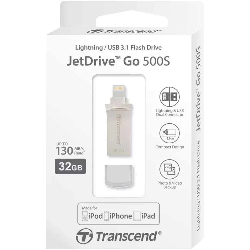 USB флеш накопитель Transcend 32GB JetDrive Go 500 Silver USB 3.1/Lightning (TS32GJDG500S) - 5