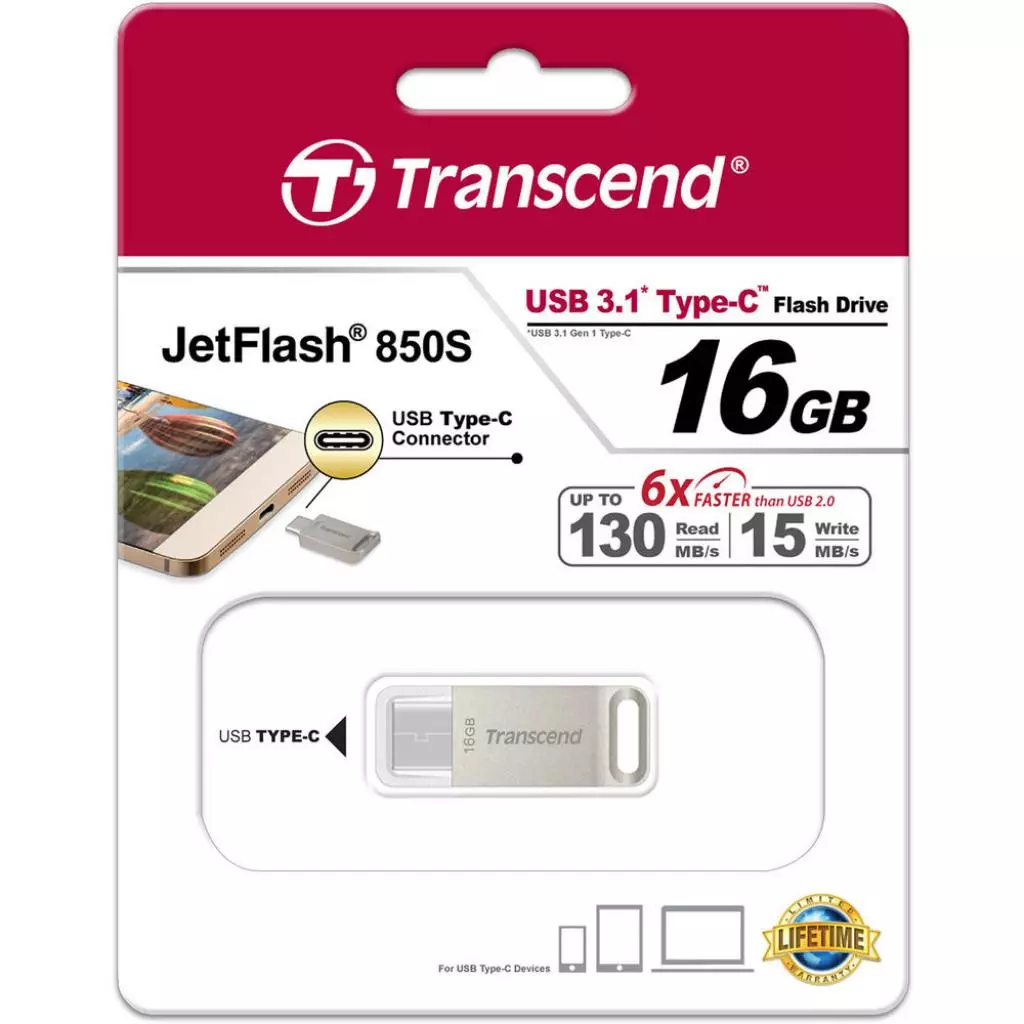 USB флеш накопитель Transcend 16GB JetFlash 850 Metal USB 3.1 Type-C (TS16GJF850S) - 5 USB флеш накопитель Transcend 16GB JetFlash 850 Metal USB 3.1 Type-C (TS16GJF850S) - 5