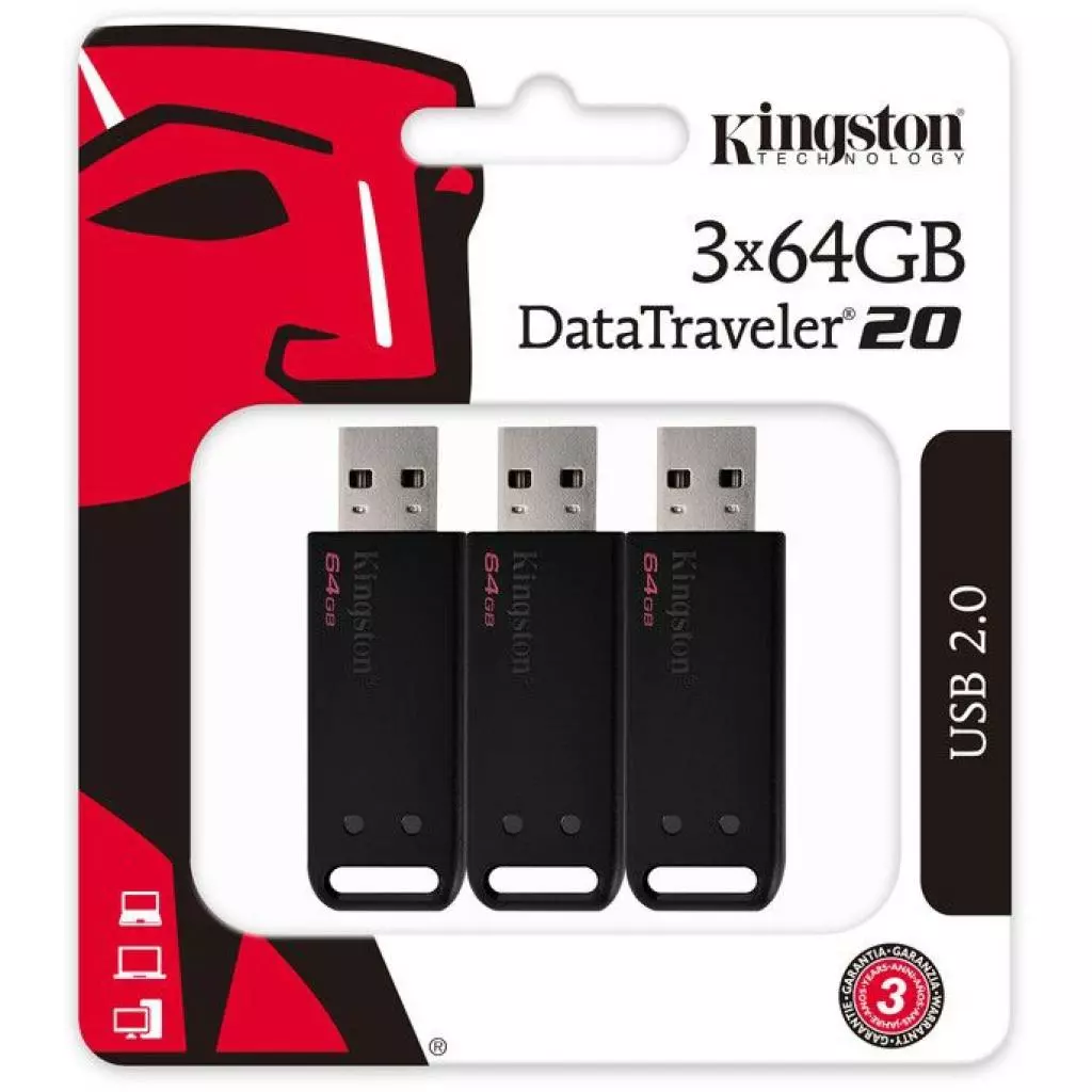 USB флеш накопитель Kingston 3x64GB DataTraveler 20 USB 2.0 (DT20/64GB-3P) - 3 USB флеш накопитель Kingston 3x64GB DataTraveler 20 USB 2.0 (DT20/64GB-3P) - 3