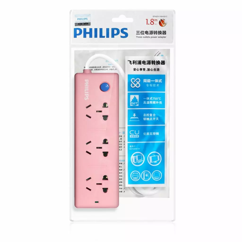Сетевой удлинитель Philips 3 розетки, Pink (Philips Pink) - 4