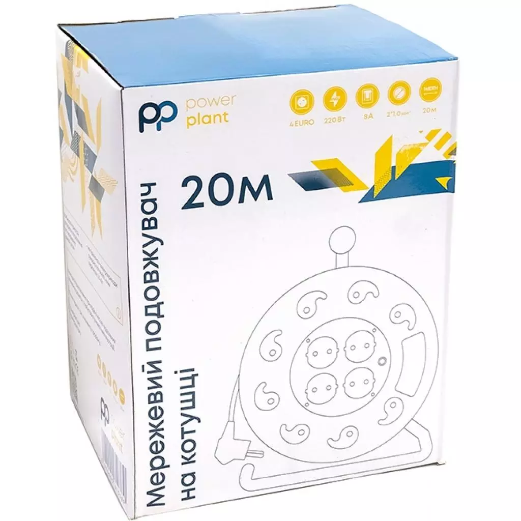 Сетевой удлинитель PowerPlant катушка 20 м, 2x1.0мм2, 8А, 4 розетки (JY-2000/20) (PPRA08M200S4) - 3