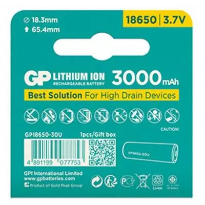 Аккумулятор 18650 3000 mAh (6.0А) Gp (GP18650-30U) - 3
