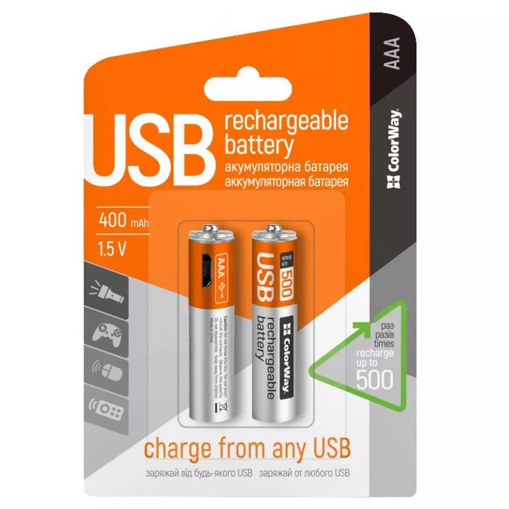 Аккумулятор ColorWay AAA micro USB 400 mAh * 2 (CW-UBAAA-01) - 1 Аккумулятор ColorWay AAA micro USB 400 mAh * 2 (CW-UBAAA-01) - 1