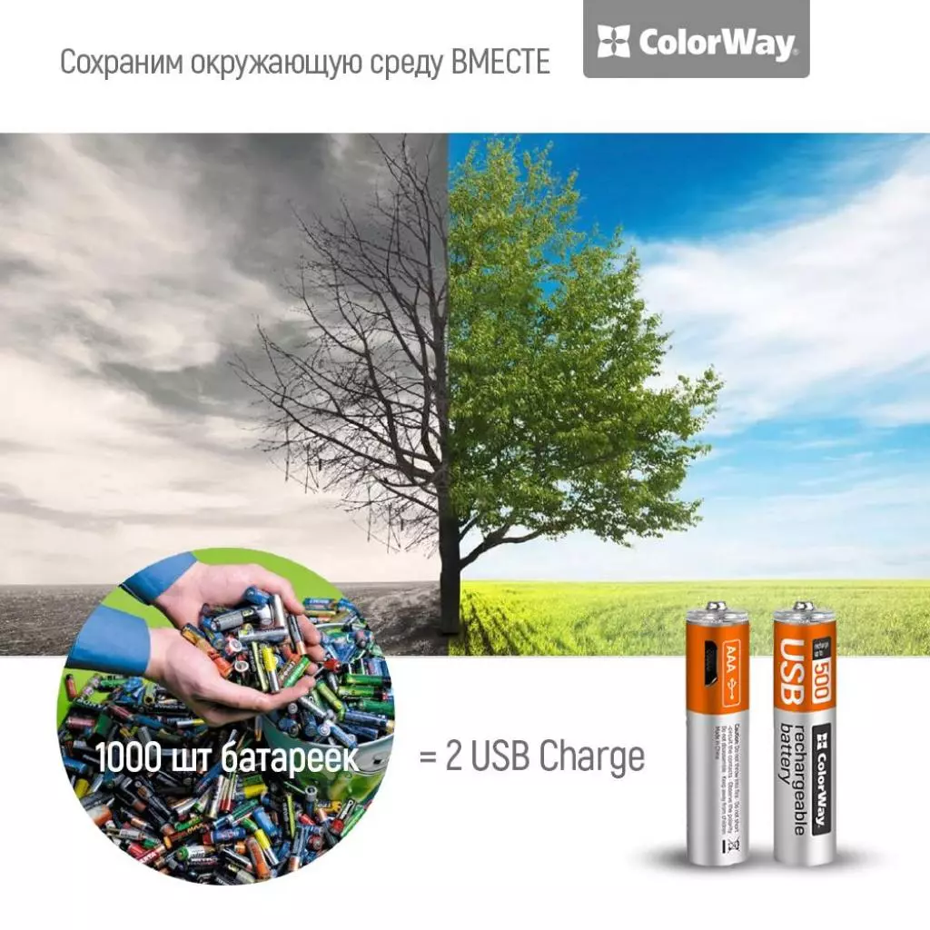 Аккумулятор ColorWay AAA micro USB 400 mAh * 2 (CW-UBAAA-01) - 3 Аккумулятор ColorWay AAA micro USB 400 mAh * 2 (CW-UBAAA-01) - 3