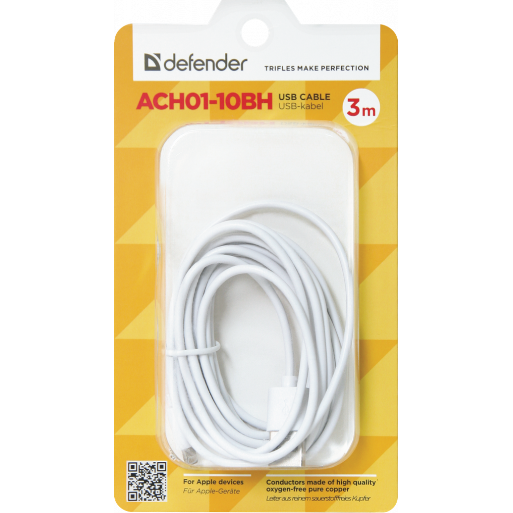 Дата кабель USB 2.0 AM to Lightning 3.0m ACH01-10BH white Defender (87466) - 2